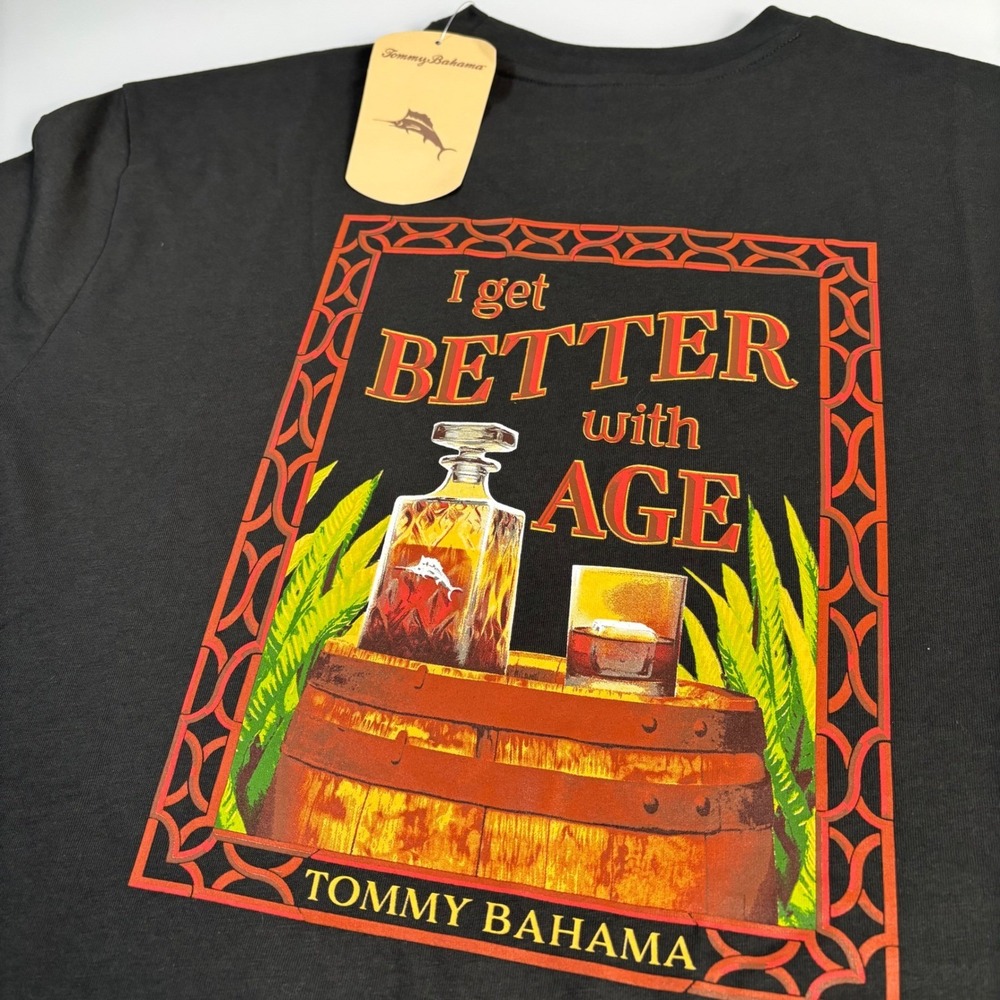 Tommy‎ Bahama Mens M Coal T-Shirt New Better With Age Whiskey Graphic ST227983TX